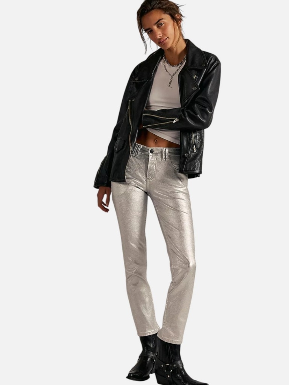 We The Free Metallic Silver Straight Leg Jeans